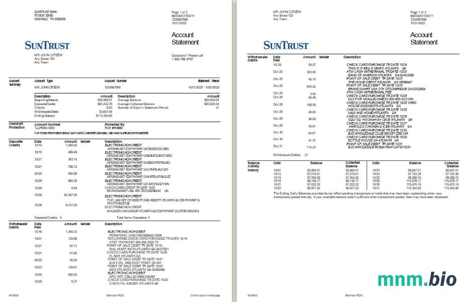 USA SunTrust bank dowód adresu szablon wyciągu w.xls i .format pdf